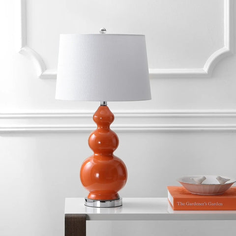 Coral Modern Ceramic Gourd Table Lamp With White Linen Drum Shade, 27.5 Inch Tall, LED Bulbs Included, Energy-Saving Bedroom Nightstand And Living Room Light For A Cozy, Modern Vibe, ETL Listed on a white table with decor.