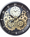 Vintage 18 Inch Wall Clock Featuring Smooth Moving Metal Gears Quiet Silent Battery Operated Accent close-up view of gears and dial