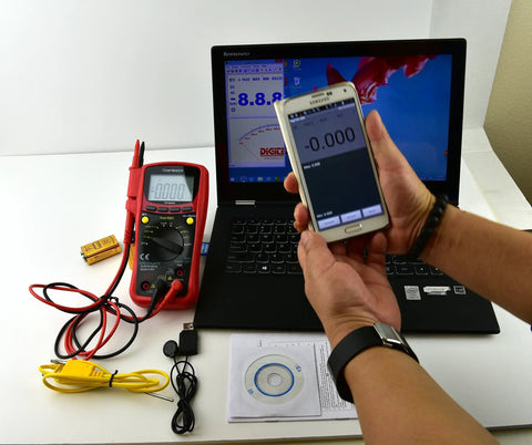 TP9605BT Auto Ranging Digital True RMS Smart Multimeter With Bluetooth And USB displaying data on a smartphone and laptop