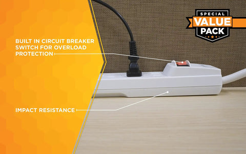 Two Pack Six Outlet Surge Protector With 280J Protection, 2.5 Ft Cord, Built In Circuit Breaker, White, Indoor Use, Ideal For Home Office Electronics, Safely Power Multiple Devices