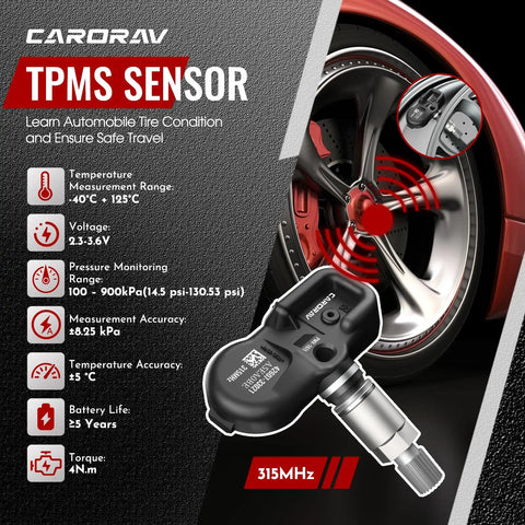 315MHz Tire Pressure Monitoring Sensor 4-Pack For Toyota Cars And SUVs No Fuss TPMS Replacement Kit OE Fit 2003-2019 4Runner Camry Highlander Land Cruiser FJ Cruiser Avalon Matrix And More. 315MHz TPMS sensor on alloy wheel