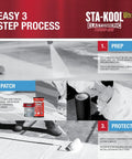 Diagram showing a 3-step process for applying Sta-Kool Ultra elastomeric roof coating, including prep, patch, and protect steps.
