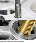 M5 X 0.8 Metric Tap And Die Set For Thread Repair Hand Tool Kit showing threading process on metal surfaces