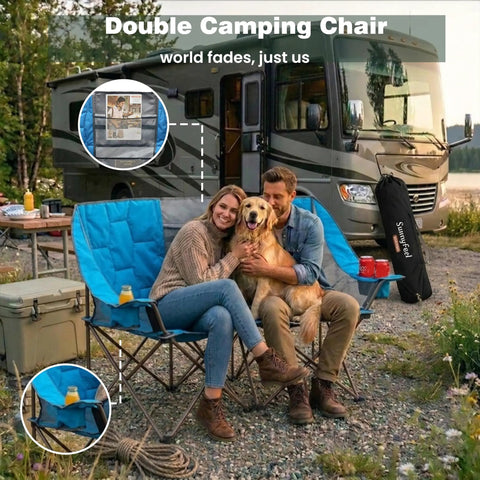 Foldable Double Camping Chair With Storage For Two People Cozy Loveseat Style Outdoor Lounge Heavy Duty Portable Two Person Picnic Chair shown.