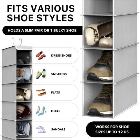 Ten-Tier Hanging Shoes Organizer For Closet In Grey, Space-Saving Vertical Shoe Rack With Durable Metal Dual-Hook Frame, Fits Narrow Closets