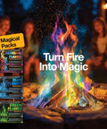 Ultimate Campfire Fun Kit With Color Changing Flame Packs Glow Sticks And Fire Starters, colorful flames in campfire at night