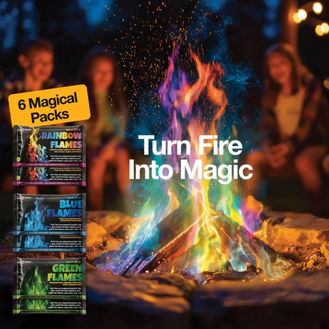 Ultimate Campfire Fun Kit With Color Changing Flame Packs Glow Sticks And Fire Starters, colorful flames in campfire at night