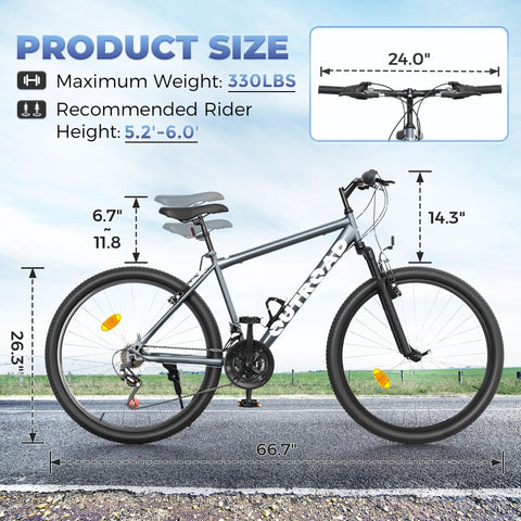 26 Inch Adult Mountain Bike With 7 Speed Front Suspension Fork Dual Disc Brakes Adjustable Seat Quick Release Wheels Heavy Duty High Tensile Steel Frame Waterproof Finish Ride Ready Grey on road view