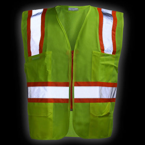 Fresh Two Tone Safety Vest Loaded With Bold Reflective Strips And Roomy Pockets For Guaranteed High Visibility Wrapped In Cool Airflow Mesh And Snappy Front Zipper, showing neon yellow and orange details.