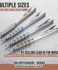 GraphGear 1000 Mechanical Pencil 0.5mm With Lead Hardness Indicator And Dual Action Retractor Black Barrel The Go To Drafting Tool For Pros And Students displayed in various grip colors and sizes on a gray background.