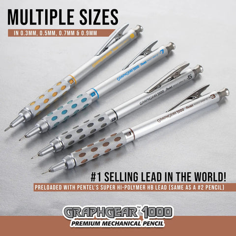 GraphGear 1000 Mechanical Pencil 0.5mm With Lead Hardness Indicator And Dual Action Retractor Black Barrel The Go To Drafting Tool For Pros And Students displayed in various grip colors and sizes on a gray background.