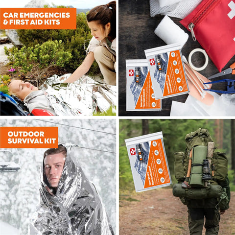 Emergency Mylar Thermal Blankets 10 Pack in use for first aid and survival, showcasing giant space blankets 84 by 64 inches.