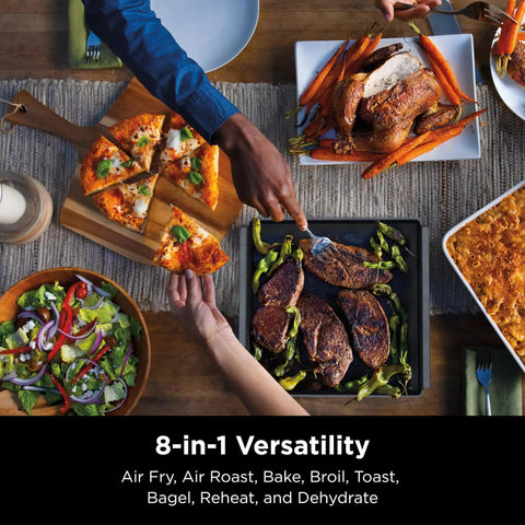 Digital Air Fry Pro Countertop Oven With Extended Height And XL Capacity For Big Meals showcasing versatility with roasted and baked dishes.