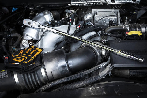 Half Inch Drive Locking Flex Head Ratchet, 120XP, 25 Inch Length shown in automotive engine compartment