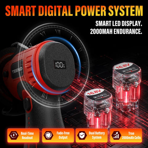 Brushless Cordless Angle Grinder Kit 800W with LED Display, showing 100% charge on dual 16.8V 2000mAh batteries