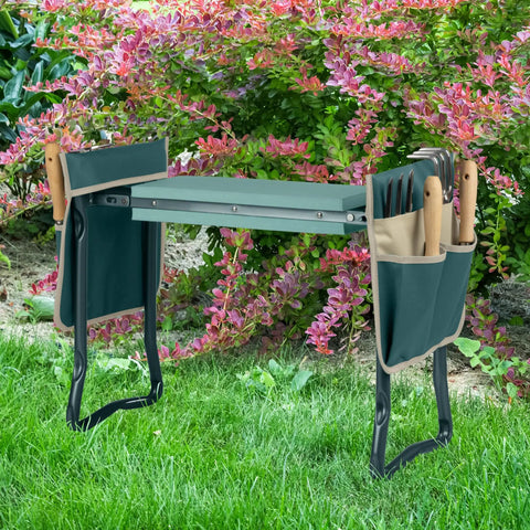 2 In 1 Garden Kneeler And Seat Foldable With Removable Tool Pockets, Ergonomic Kneeling Pad And Sturdy Stool in a garden setting