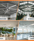 Industrial 144 Inch Aluminum Ceiling Fan Equipped With An Ultra Quiet Dc Motor And Five Heavy Duty Blades Delivering Kickin Airflow For Warehouses And Spacious Rooms In Sleek Silver Gray Finish in various settings including warehouse, workshop, patio, and canteen.