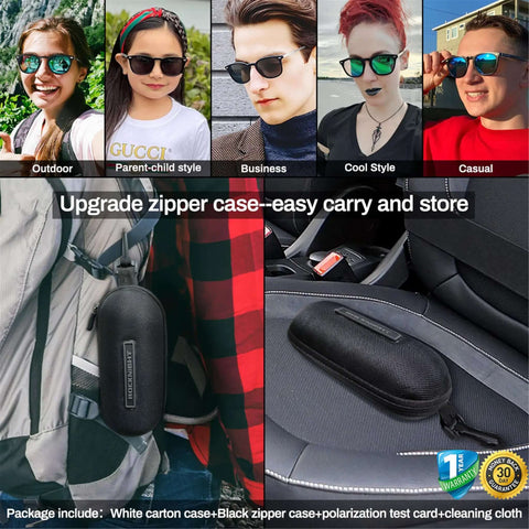 Driving HD Polarized Sunglasses For Men And Women Full Frame Black Shades showcased in various styles with zippered carrying case
