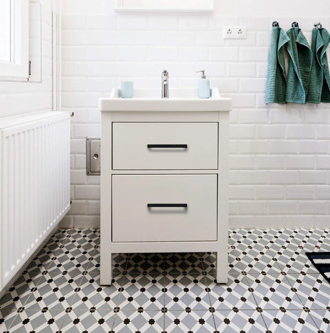 Vanity with 10 Pack 5 Inch Square Cabinet Handles Matte Black Drawer Pulls For Cabinets And Cupboards Center To Center 5 Inch Mounting Holes Modern Kitchen And Furniture Hardware Durable Construction With Smooth Edges And Corrosion Resistant Matte Finish in a bathroom setting.