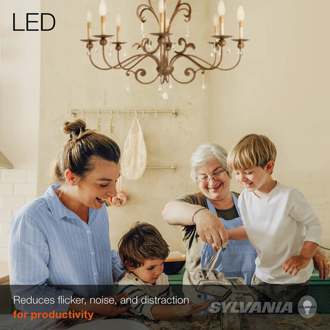 Family cooking under chandelier using LED B10 Light Bulb 300 Lumens 2700K Soft White Non Dimmable 4.5W Clear Glass