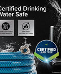 TastePURE 4-Foot Premium Camper RV Drinking Water Hose With Heavy-Duty No-Kink Design And Strain-Relief Ends And 5-Eighth Inch Inside Diameter NSF Drinking Water Safe Certified shown with lead-free certification badges