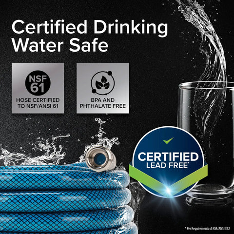TastePURE 4-Foot Premium Camper RV Drinking Water Hose With Heavy-Duty No-Kink Design And Strain-Relief Ends And 5-Eighth Inch Inside Diameter NSF Drinking Water Safe Certified shown with lead-free certification badges
