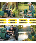 Four images showing the Garden Kneeler And Seat Foldable Bench With Soft EVA Foam Pad for gardening, sowing, and camping.