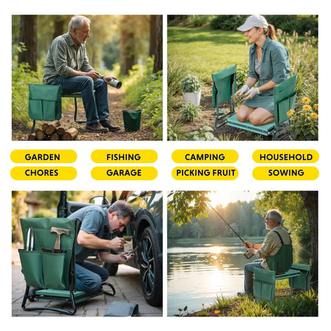 Four images showing the Garden Kneeler And Seat Foldable Bench With Soft EVA Foam Pad for gardening, sowing, and camping.