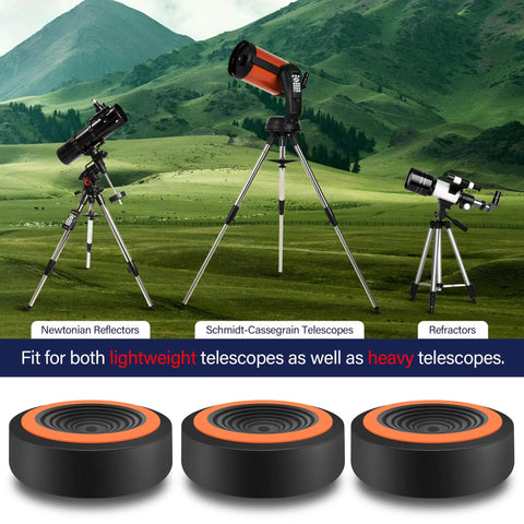 Anti Vibration Pads For Telescope Mount And Tripod with three telescopes on grassy field, showcasing stability and damping.