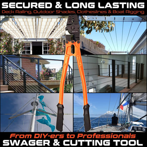 Heavy Duty 14 Inch Hand Swaging Crimping Tool With No Slip Handles shown in deck railing and sailboat settings