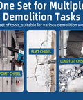Three types of chisels: point chisel, flat chisel, long flat chisel with 24 inch SDS Plus Demolition Chisel Set for varied tile removal tasks.