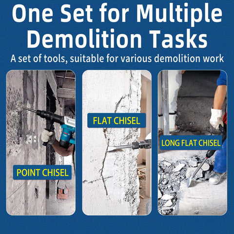 Three types of chisels: point chisel, flat chisel, long flat chisel with 24 inch SDS Plus Demolition Chisel Set for varied tile removal tasks.