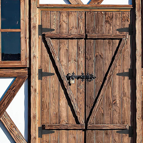 Wooden barn door with 16 Pack 2 Inch T Strap Hinges For Shed Doors And Gates Heavy Duty Black Outdoor Tee Hinges, installed view.