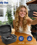Woman using camera with Hard Shell Travel Case For Insta360 Ace Pro 2 Xplore Grip Pro Bundle open on table