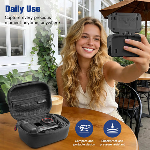 Woman using camera with Hard Shell Travel Case For Insta360 Ace Pro 2 Xplore Grip Pro Bundle open on table