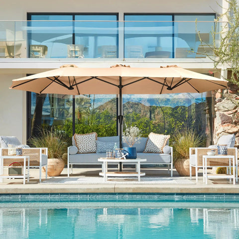 13Ft Outdoor Patio Umbrella With Double Sided Fade Resistant Canopy Beige Shade For Deck Backyard Or Market Use Large Table Umbrella To Cover 2 To 6 Seats Sturdy 38Mm Aluminum Pole No Base Included set over poolside seating area