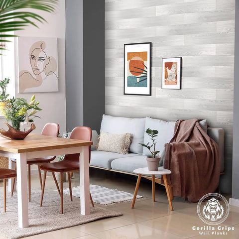 Peel And Stick Wall Planks White Washed Oak Box Kit For No Brainer DIY Feature Wall Coverage 108 Sq Ft with sofa and art