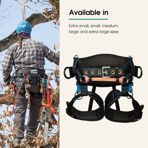 Pro Tree Saddle Harness With Memory Foam Back Support And Leg Straps For Arborist Climbing Gear, Medium Size shown on tree worker