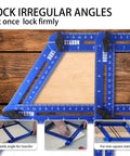 Solid Build Stair Tread Template Tool With Hella Precise Six Fold Measuring Jig For Dead On Staircase Angles And Pro Woodworking Layouts Up To Fifty Two Inches No Sweat Setup measuring angles with blue aluminum ruler.
