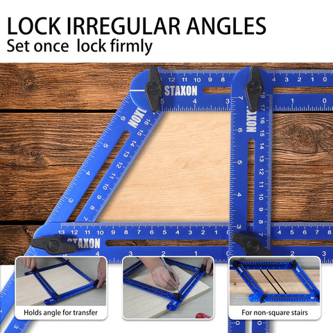 Solid Build Stair Tread Template Tool With Hella Precise Six Fold Measuring Jig For Dead On Staircase Angles And Pro Woodworking Layouts Up To Fifty Two Inches No Sweat Setup measuring angles with blue aluminum ruler.