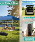 Blue 10x10Ft Pop Up Canopy Tent With Easy Setup Portable Outdoor Gazebo Shelter Sun Shade in a park with family and carry bag