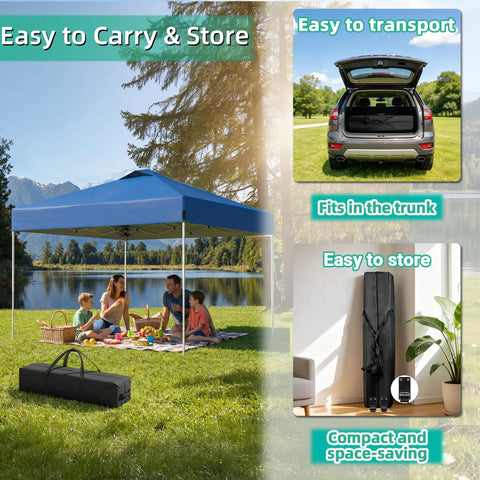 Blue 10x10Ft Pop Up Canopy Tent With Easy Setup Portable Outdoor Gazebo Shelter Sun Shade in a park with family and carry bag