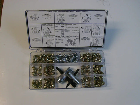 Grease Fitting Assortment Kit 100 Piece SAE And Metric Sizes with 6mm 8mm 10mm 45° 90° fittings in open case on table