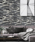 Living room with gray Peel And Stick Faux 3D Brick Wallpaper In Gray For Easy DIY Accent Wall Or Furniture Makeover Self Adhesive Brick Covering