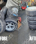 Before and after image of Heavy Duty Tire Storage Dolly with 300 lb capacity, showing stacked tires on dolly with 360-degree mobility.
