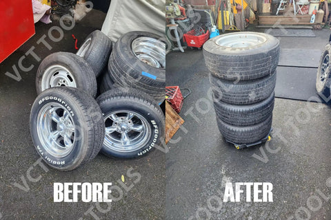 Before and after image of Heavy Duty Tire Storage Dolly with 300 lb capacity, showing stacked tires on dolly with 360-degree mobility.