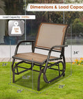 Cozy Brown Swing Glider Chair With Sturdy Metal Frame For Patio Garden Porch And Poolside Relaxation, dimensions displayed