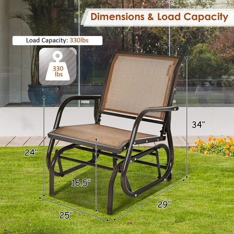 Cozy Brown Swing Glider Chair With Sturdy Metal Frame For Patio Garden Porch And Poolside Relaxation, dimensions displayed