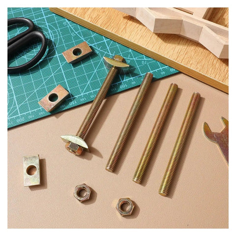 Half Moon Countertop Joint Bolts Kit For Tabletops And Furniture showing steel bolts and nuts on a work surface.