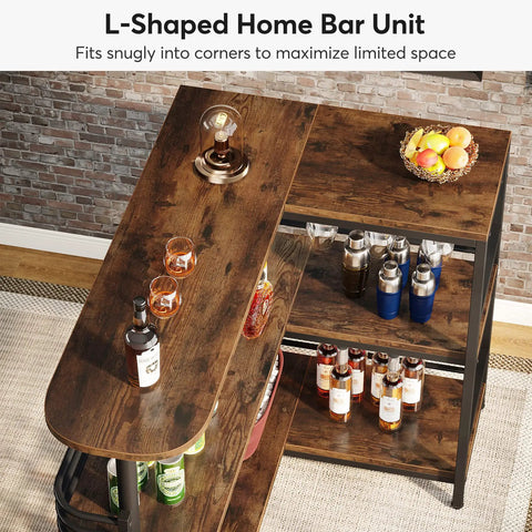 Top view of L Shaped Home Bar Unit with 3 Tier Storage Shelves and Wine Glass Holder, rustic brown and matte black finish